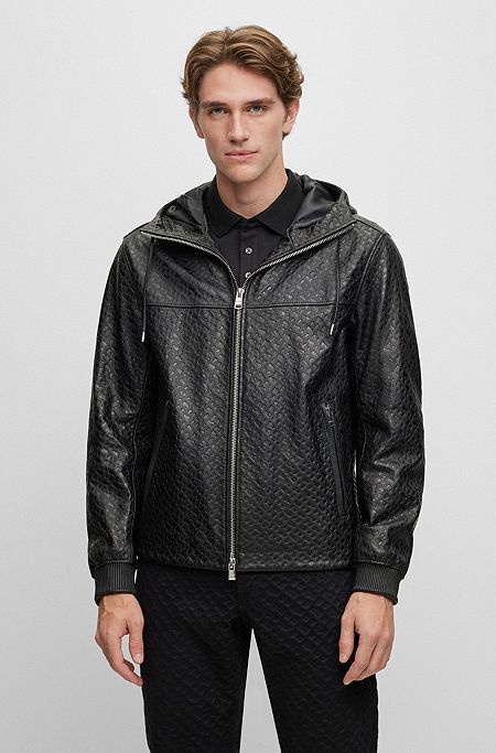 Boss Monogram-Embossed Hooded Leather Jacket