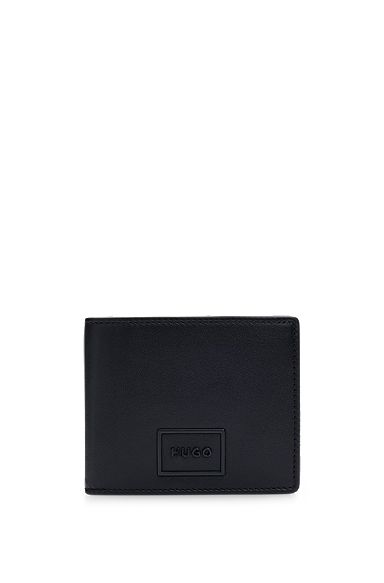 Trifold wallet in smooth leather with metal-framed logo, Black