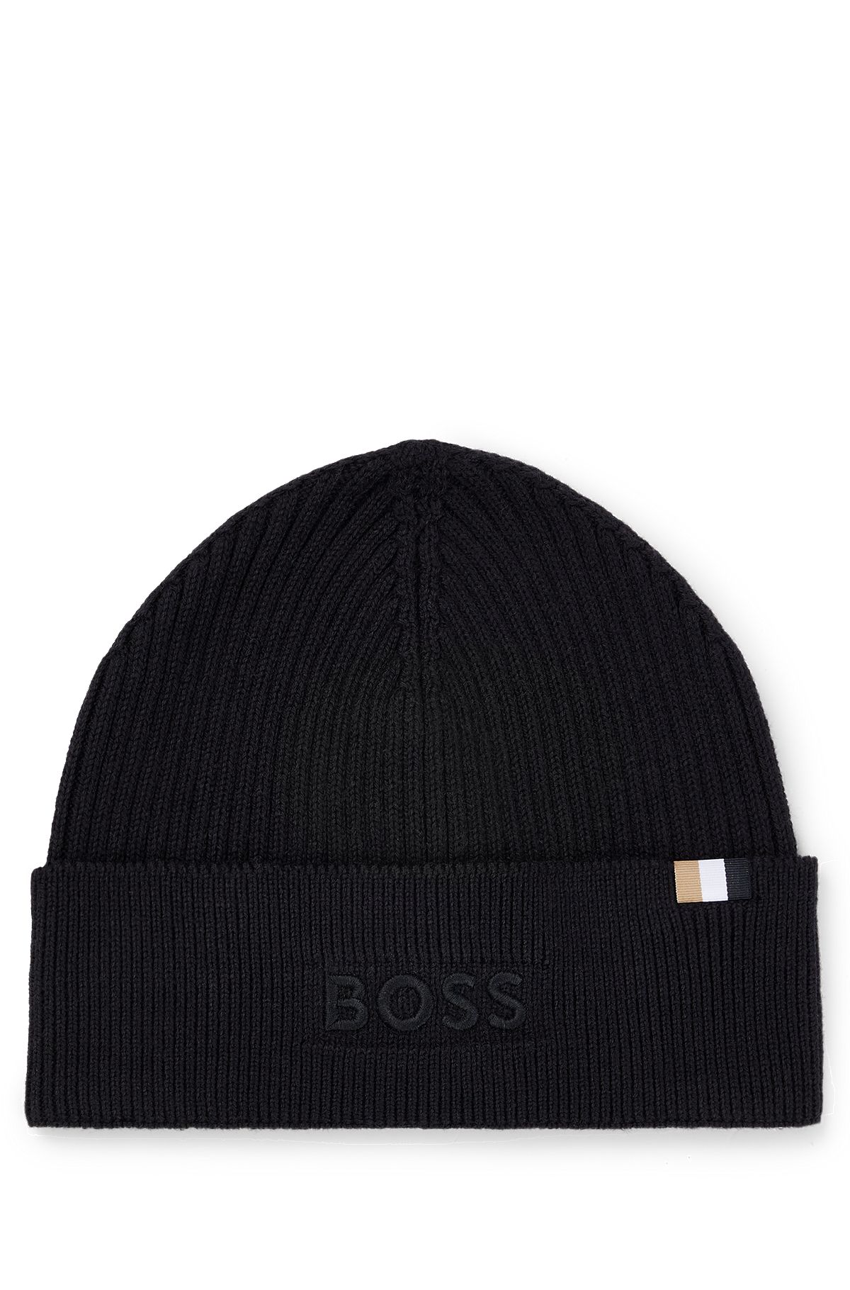 Embroidered-logo beanie hat in cotton and wool, Black