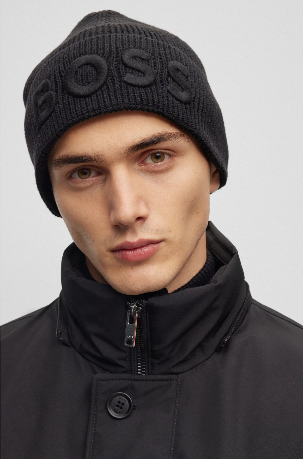 BOSS - Logo-embroidered beanie and cotton in wool hat