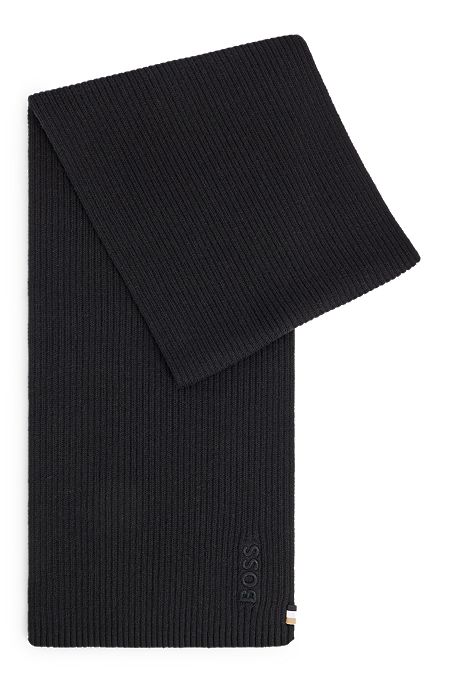 Bufanda de canalé en algodón con detalles de logo, Negro