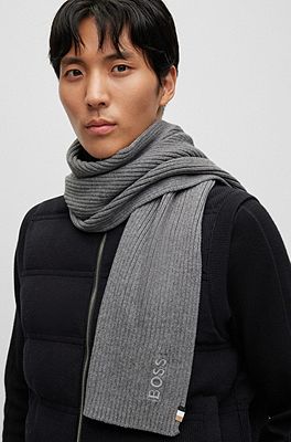 BOSS Ribbed scarf in a cotton blend with logo details