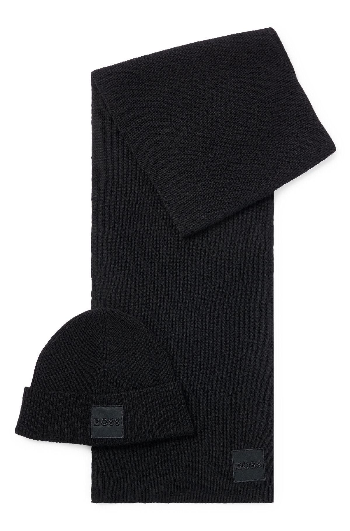 Scarf and beanie hat set with embroidered-logo badge, Black
