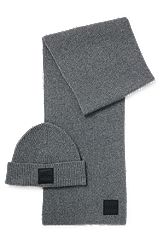 Scarf and beanie hat set with embroidered-logo badge, Grey