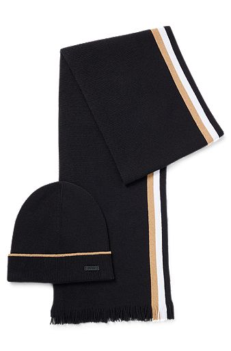 Beanie hat and scarf set with signature stripes, Black