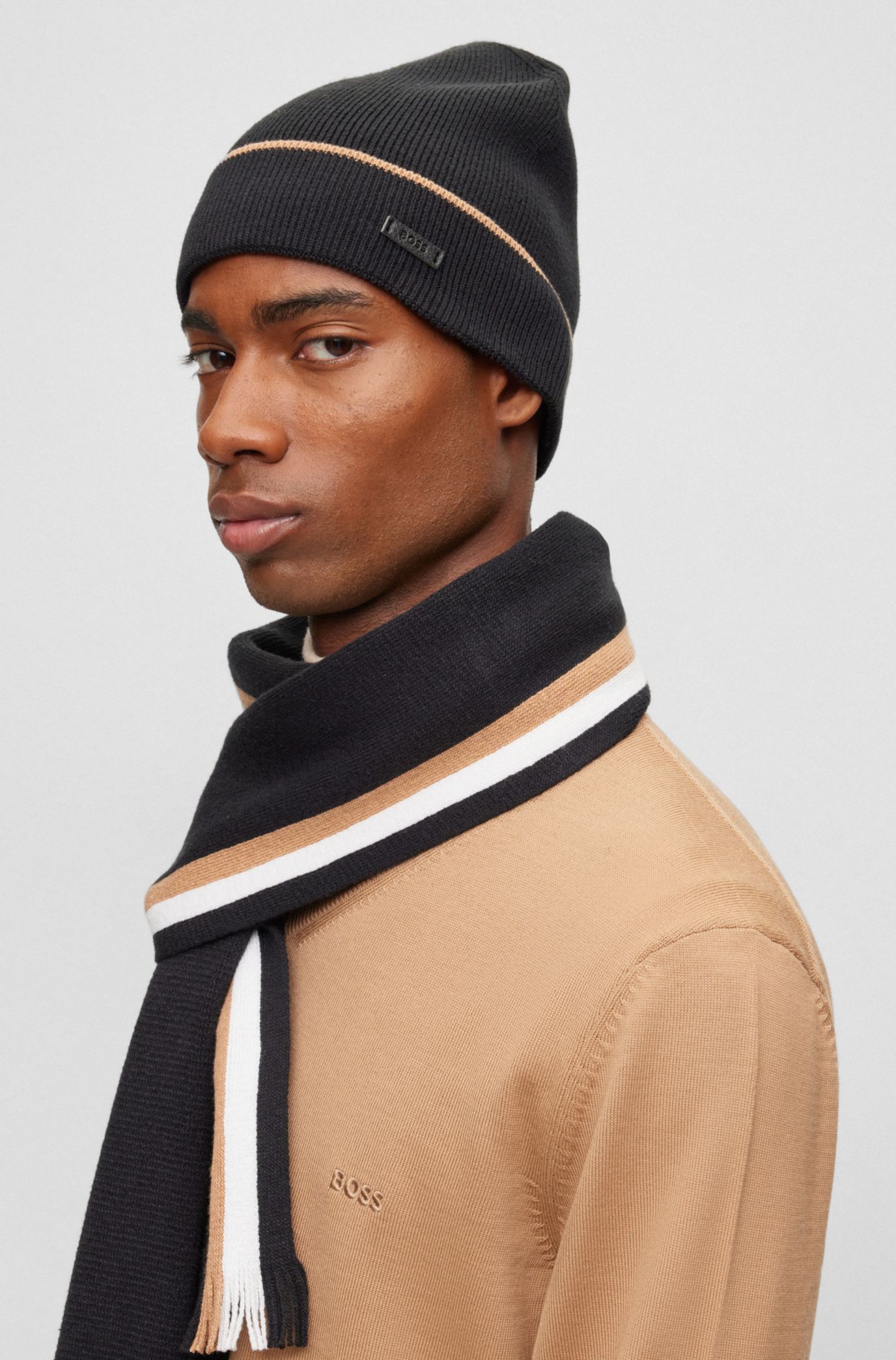 BOSS Beanie hat and scarf set with signature stripes