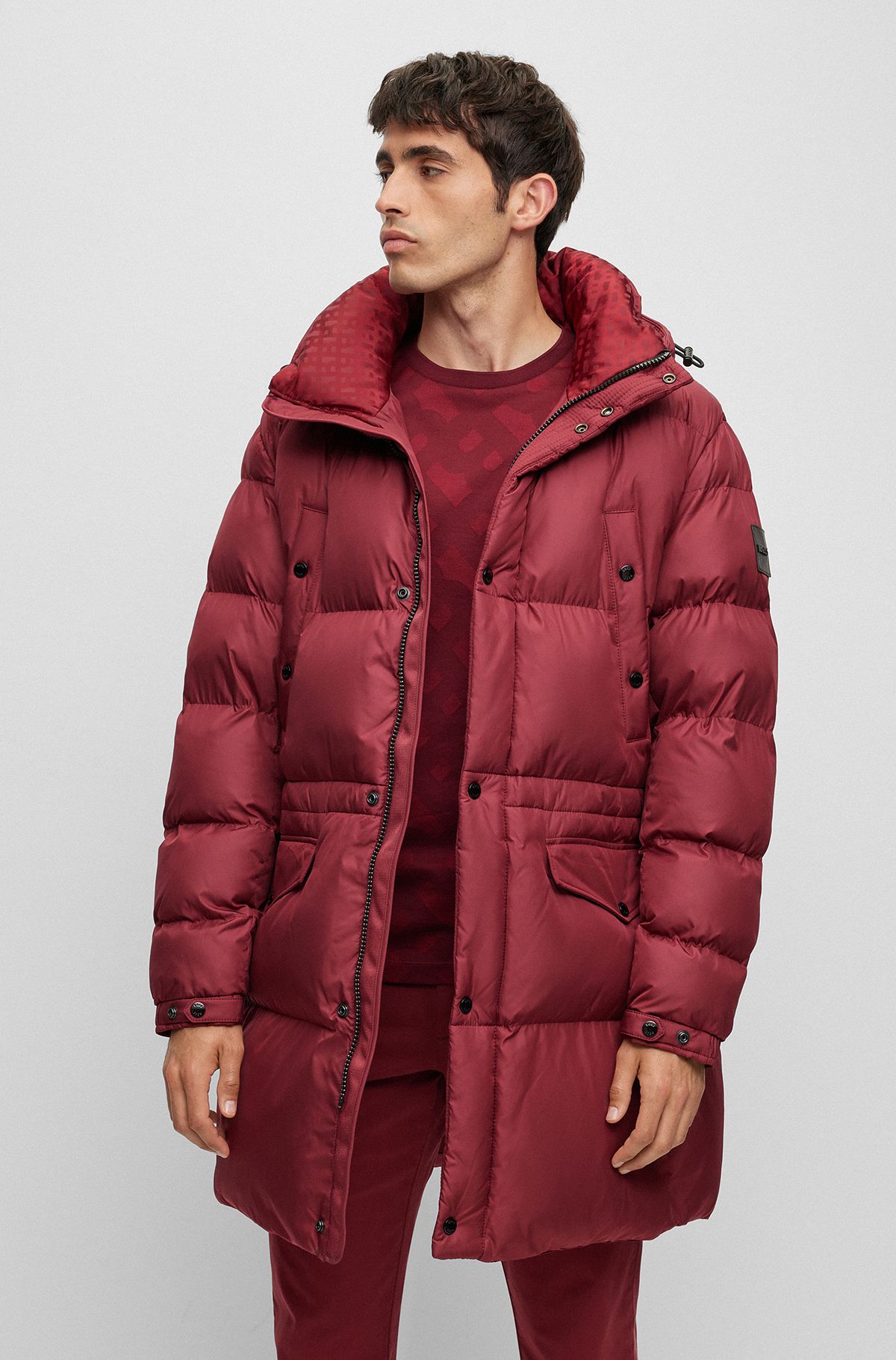 Water-repellent padded jacket with hood, Dark Red