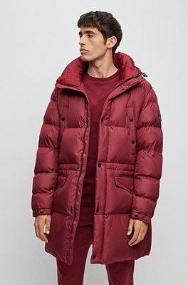 Mens red puffer on sale jacket with fur hood