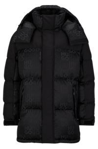 Water-repellent parka coat with logo details, Black