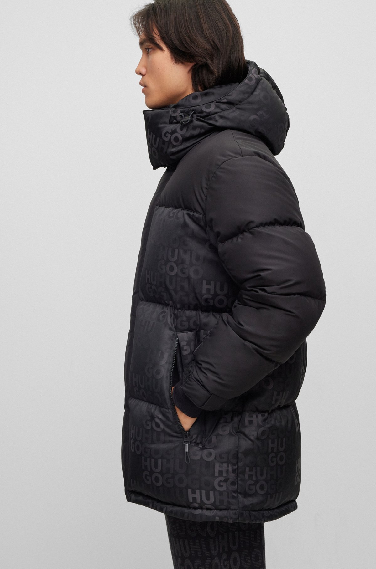 Water-repellent parka coat with logo details, Black