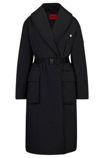 Water-repellent padded coat with logo belt, Black
