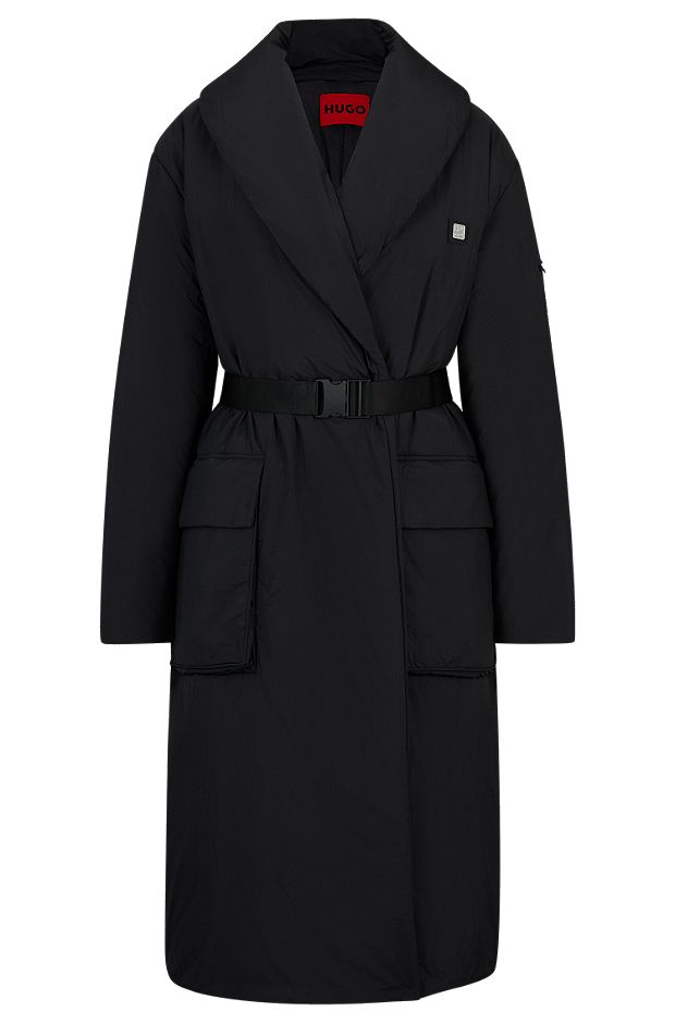 Manteau matelassé déperlant avec ceinture logo, Noir