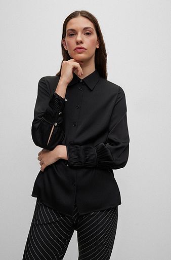 Regular-fit blouse van zijden crêpe de Chine met stretch, Zwart