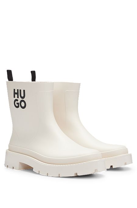 Rubberised rain boots with contrast stacked logo, White