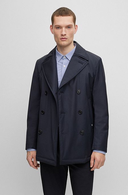 Stretch-wool slim-fit coat with water-repellent finish, Dark Blue