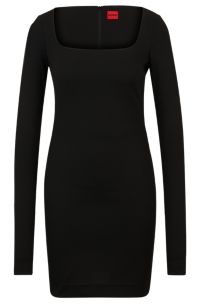 Square-neck long-sleeved dress in stretch jersey, Black