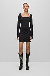 Square-neck long-sleeved dress in stretch jersey, Black