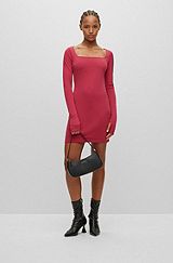Square-neck long-sleeved dress in stretch jersey, Pink