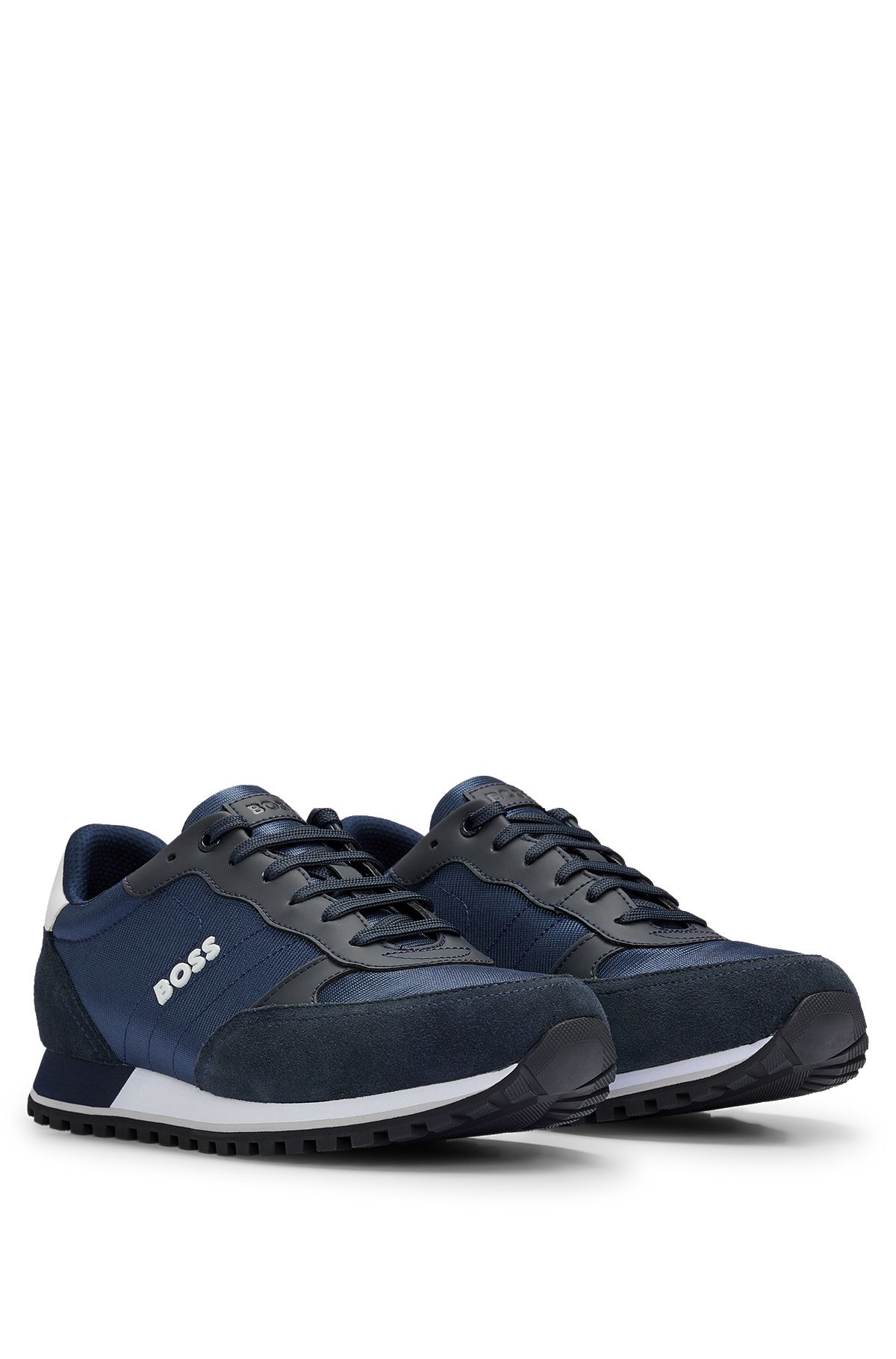 Mixed-material lace-up trainers with raised logo, Dark Blue