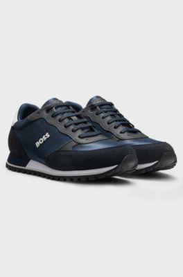 Logo-trim trainers with faux-leather details, Dark Blue