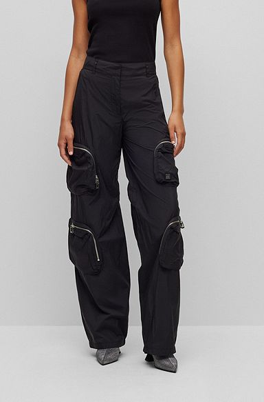 Relaxed-fit cargo trousers with large zipped pockets, Black