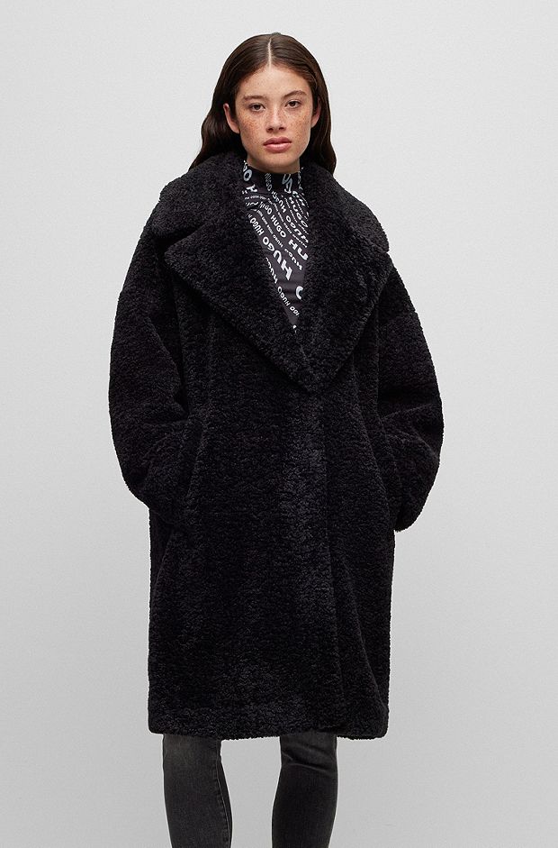 Oversized-fit teddy coat with rear logo label, Black