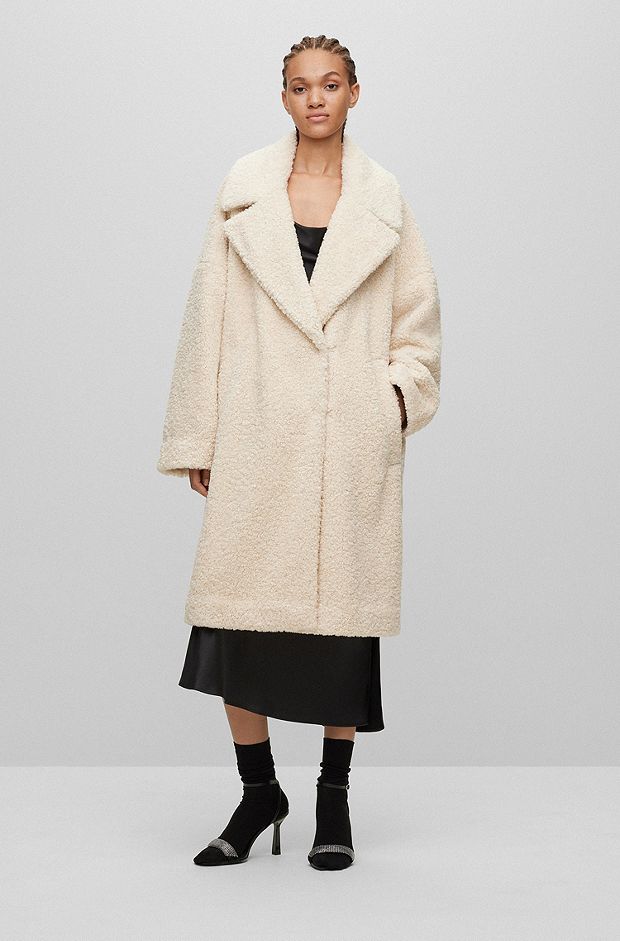 Oversized-fit teddy coat with rear logo label, White