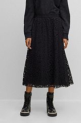 Falda en mezcla de algodón con capa superpuesta de encaje de la marca, Negro