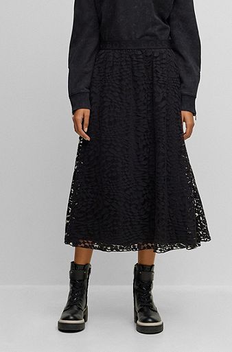 Falda en mezcla de algodón con capa superpuesta de encaje de la marca, Negro