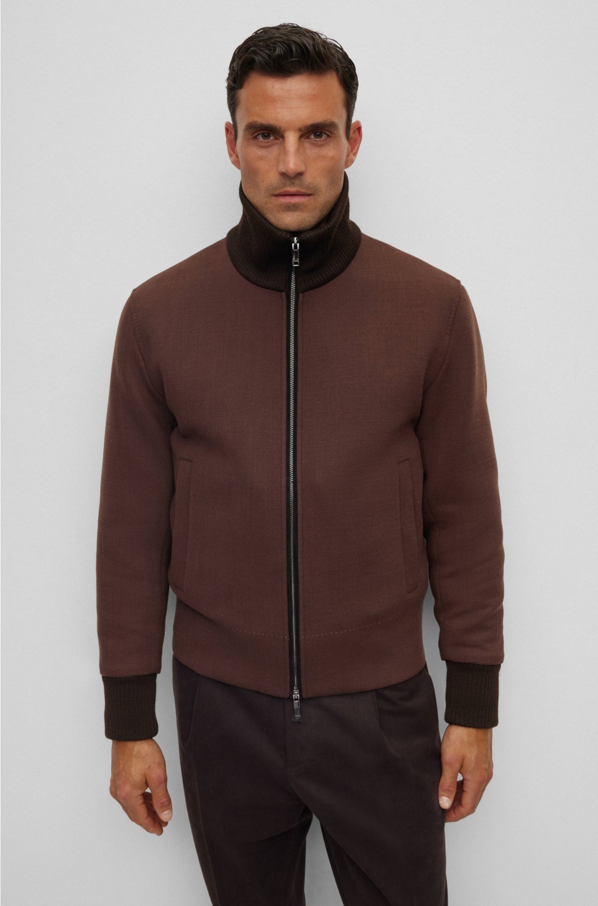 Padded woven jacket with knitted stand collar, Dark Brown