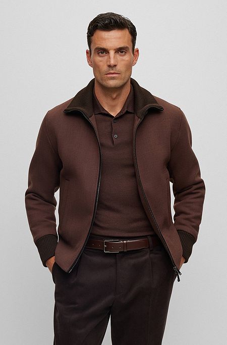 Padded woven jacket with knitted stand collar, Dark Brown