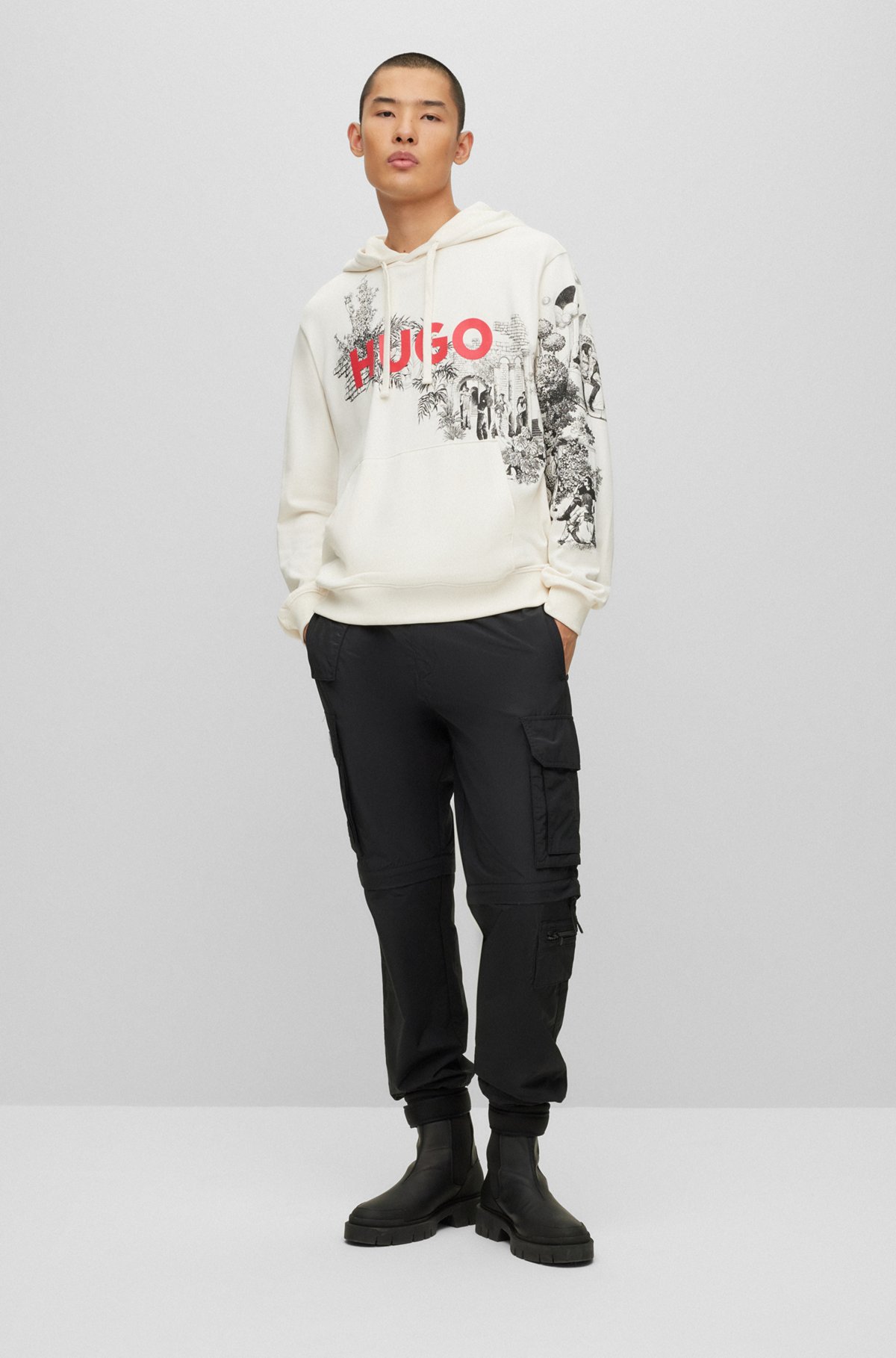 Cotton-terry hoodie with logo and artwork, White