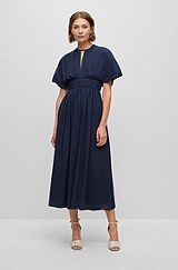 Slim-fit dress with rear ties and keyhole neckline, Dark Blue