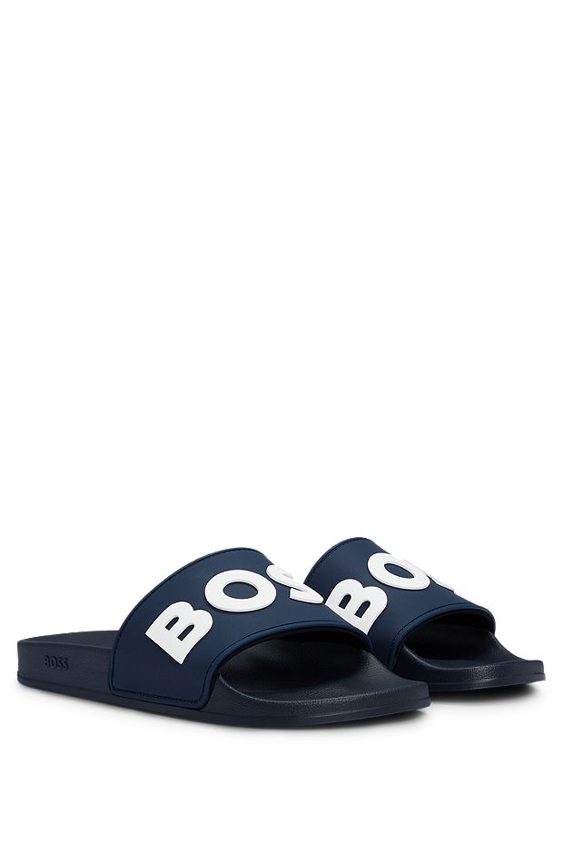 Sandali slider realizzati in Italia con logo in rilievo, Blu scuro