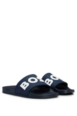 Hugo Boss Italian-made Slides With Raised Logo In Dark Blue