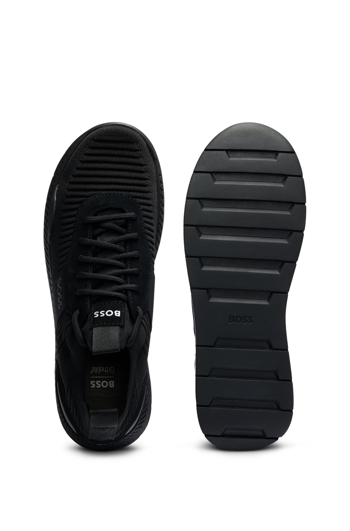 Baskets style chaussettes avec finitions en cuir suédé, Noir