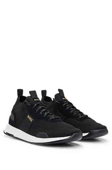 Hugo Boss Titanium Trainers With Knitted Uppers And Suede Trims In Black