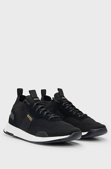 Knitted-upper trainers with branding and suede trims, Black