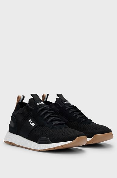 Knitted-upper trainers with branding and suede trims, Black