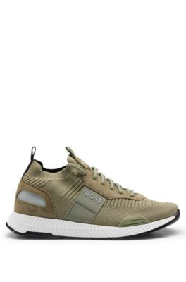 Hugo Boss Structured-knit Sock Trainers With Branding In Beige