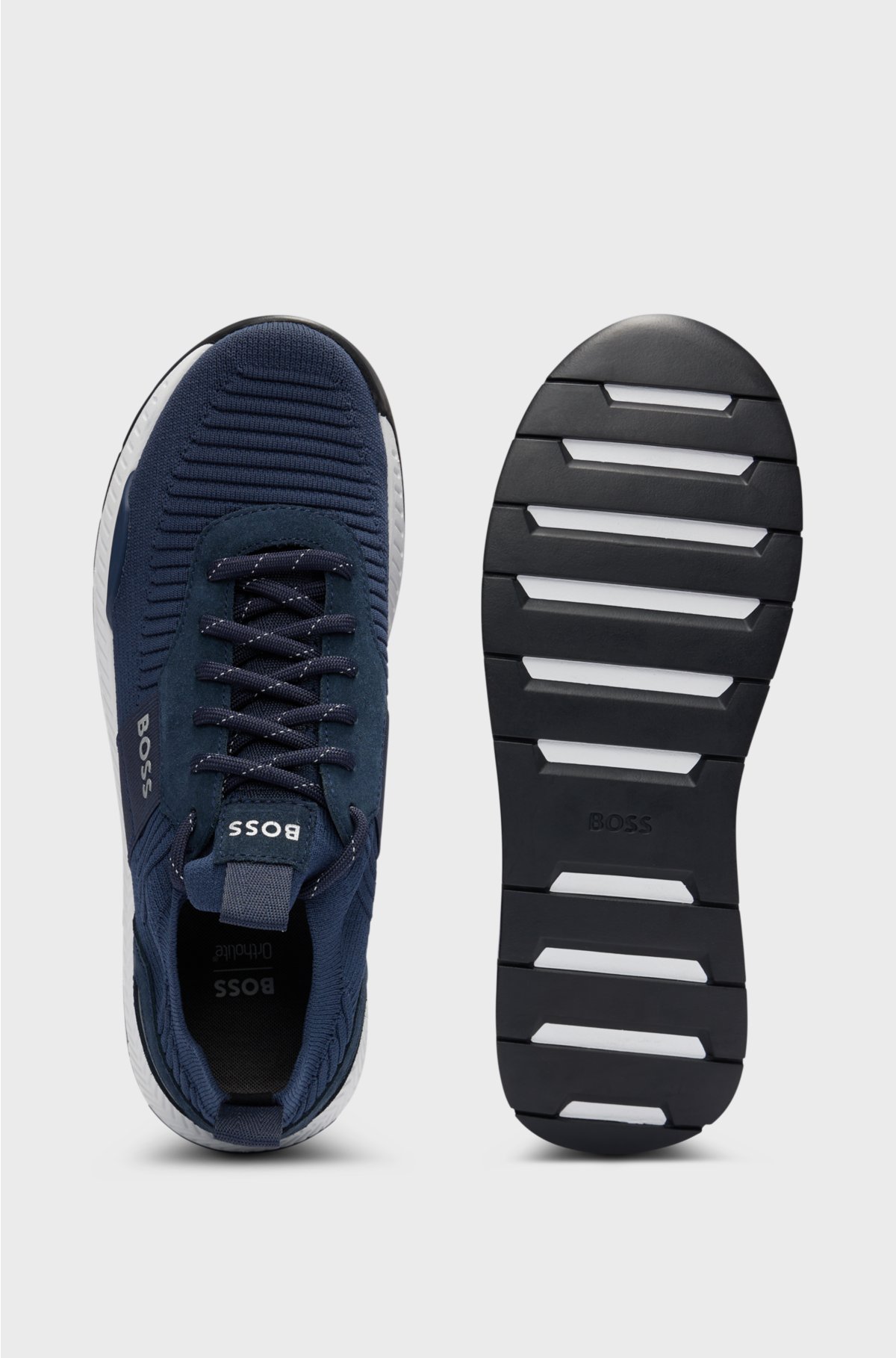 Knitted-upper trainers with branding and suede trims, Dark Blue