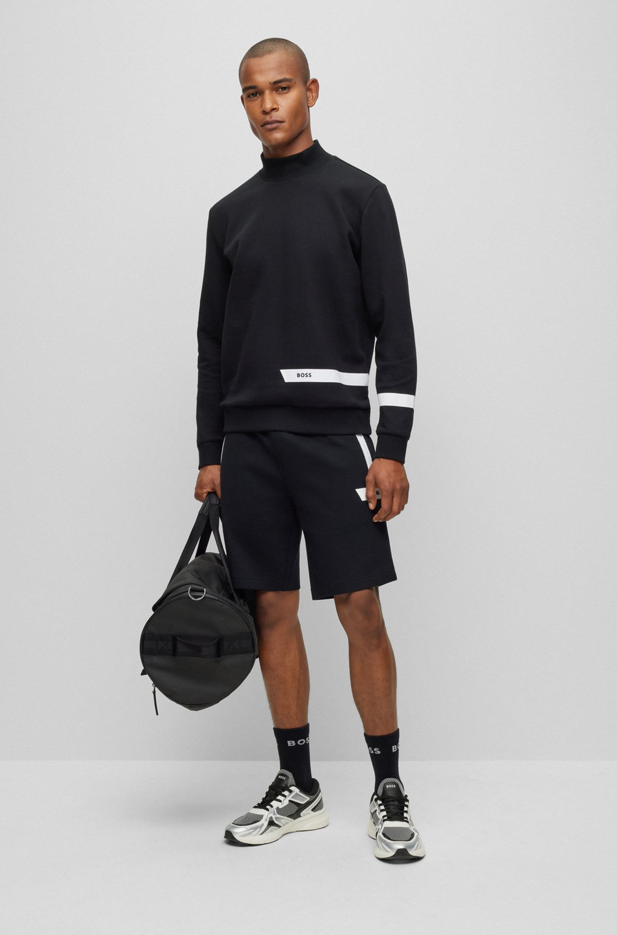 Cotton-blend drawstring shorts with logo stripe, Black