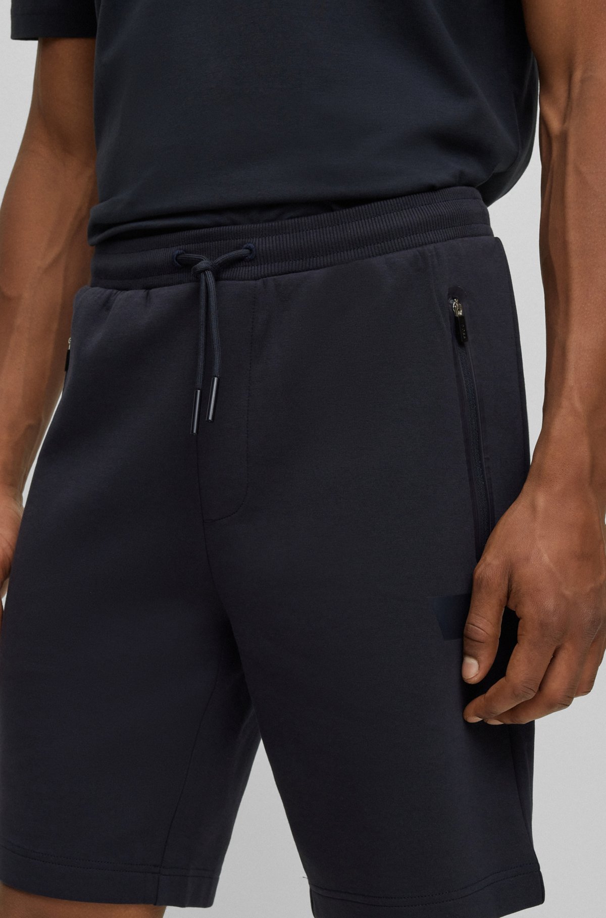 Cotton-blend drawstring shorts with logo stripe, Dark Blue