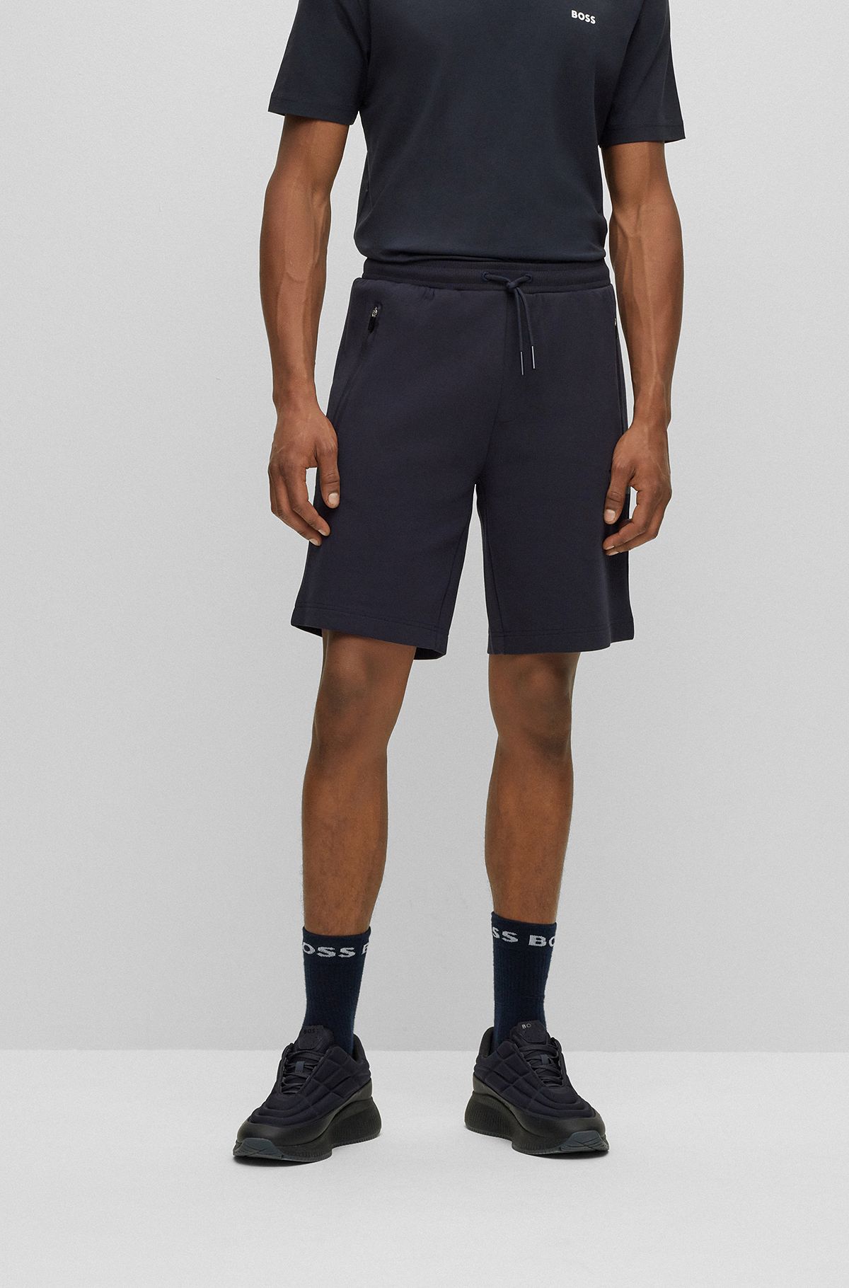 Cotton-blend drawstring shorts with logo stripe, Dark Blue