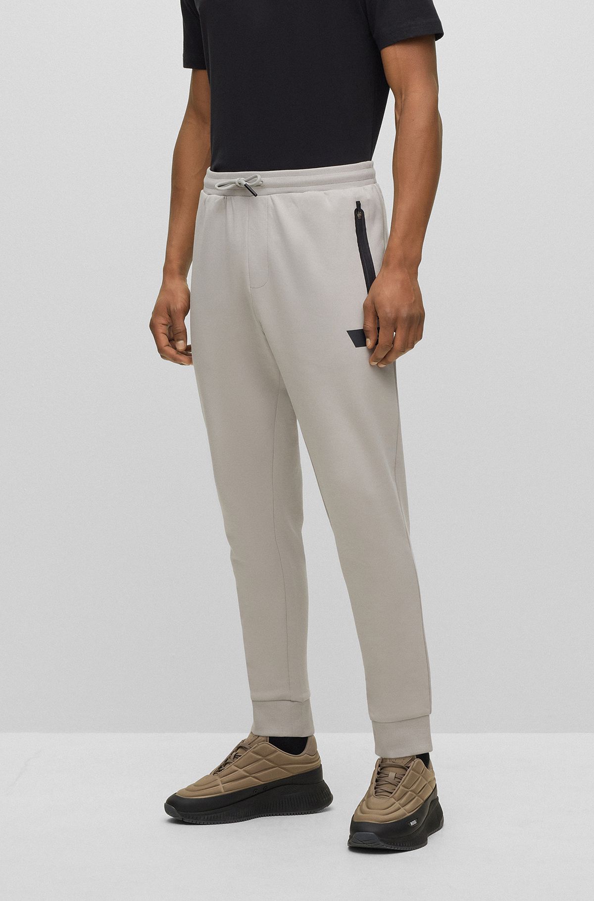 Cotton-blend tracksuit bottoms with logo stripe, Light Grey