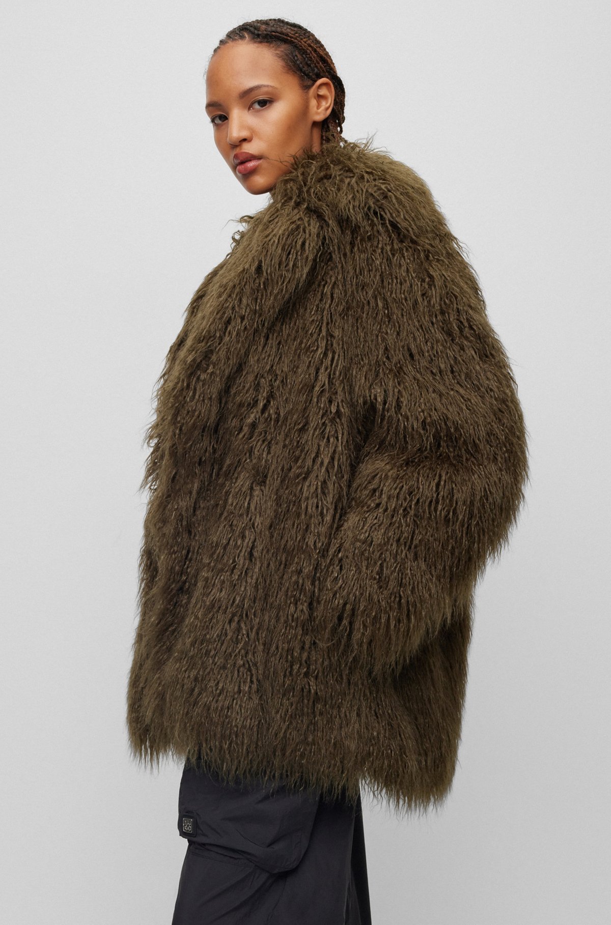 Oversized-fit coat in faux fur with full lining, Dark Green