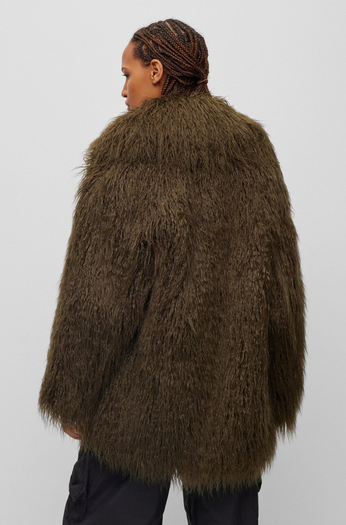 Oversized Mantel aus Kunstfell mit durchgehendem Innenfutter, Dunkelgrün