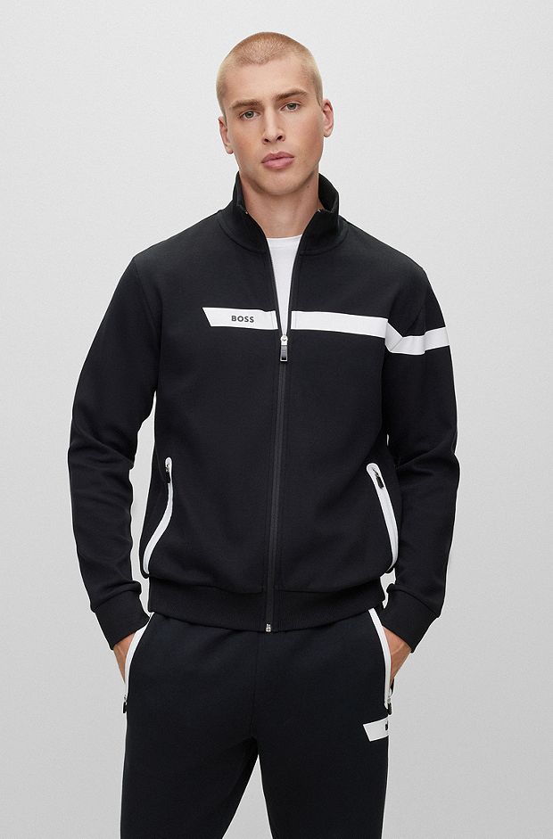 Cotton-blend zip-up sweatshirt with graphic logo stripe, Black