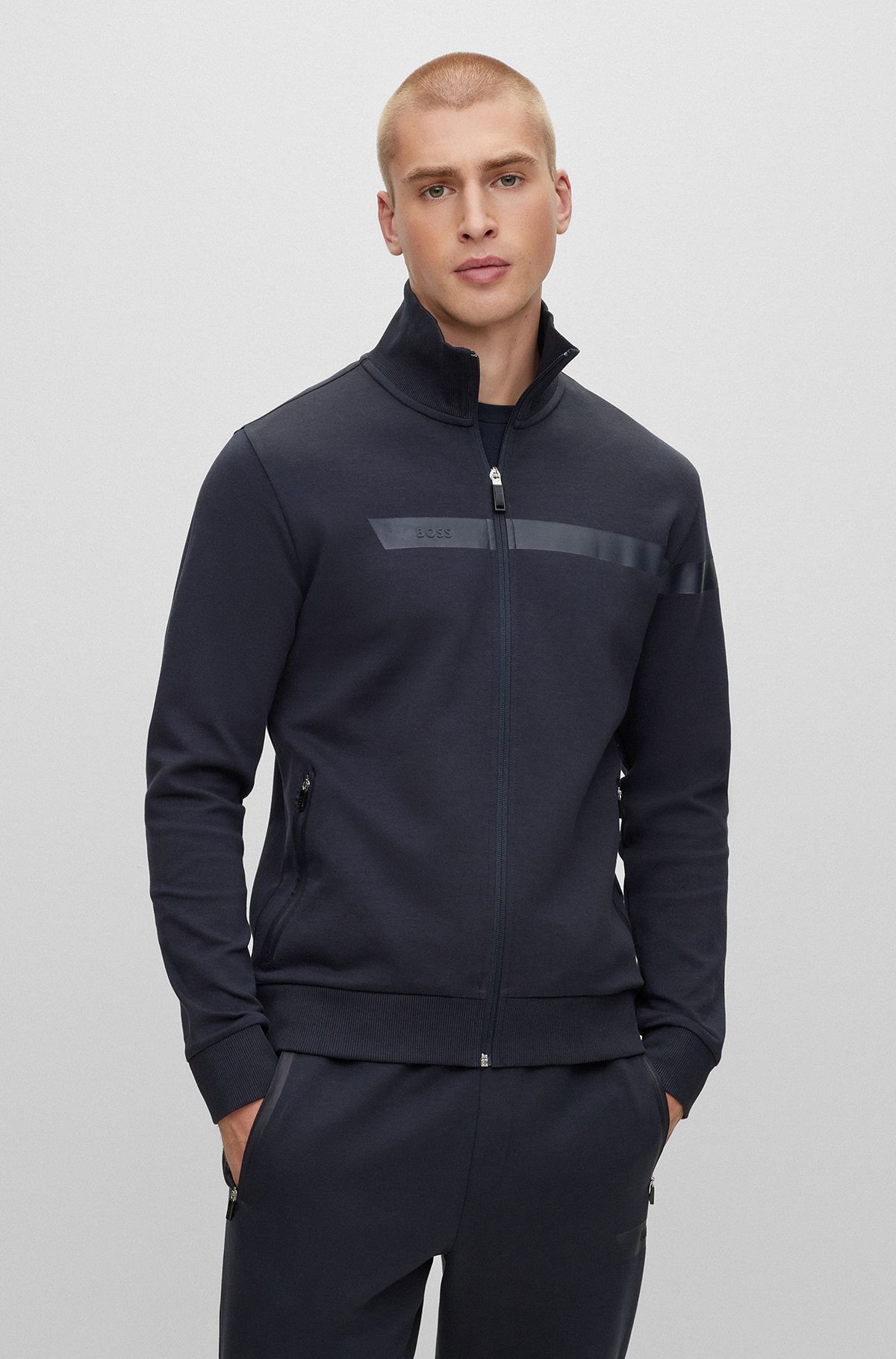 Cotton-blend zip-up sweatshirt with graphic logo stripe, Dark Blue