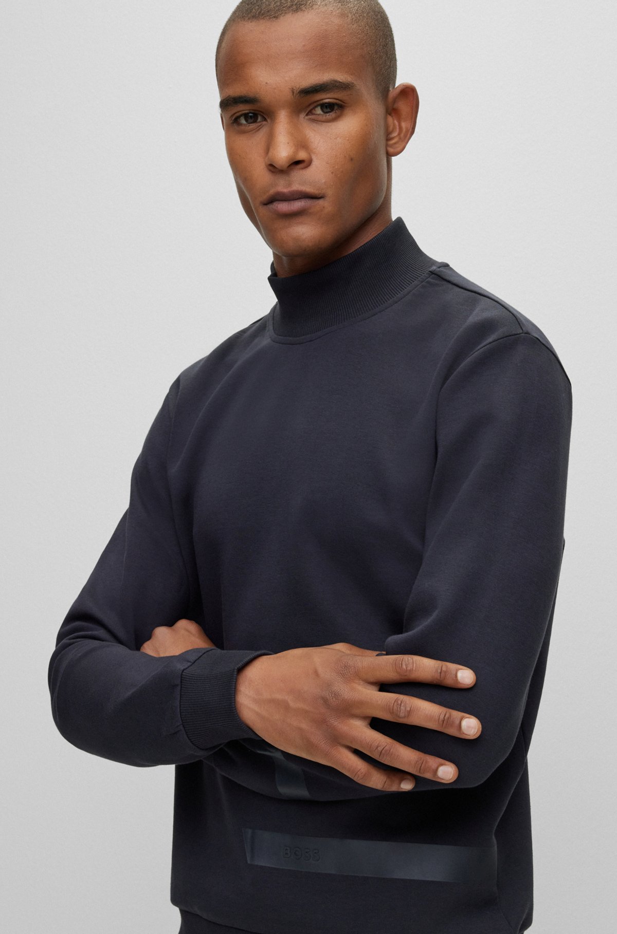 Cotton-blend sweatshirt with graphic logo stripe, Dark Blue